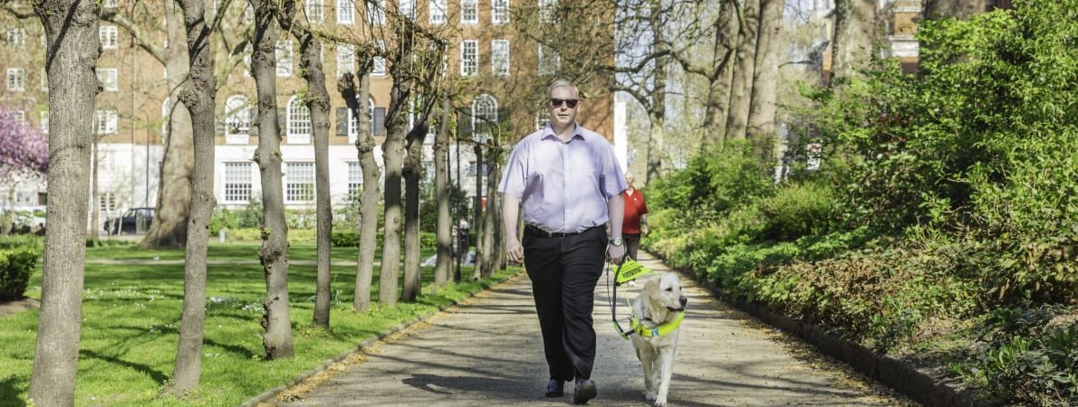 Photo of man out walking with guide dog.