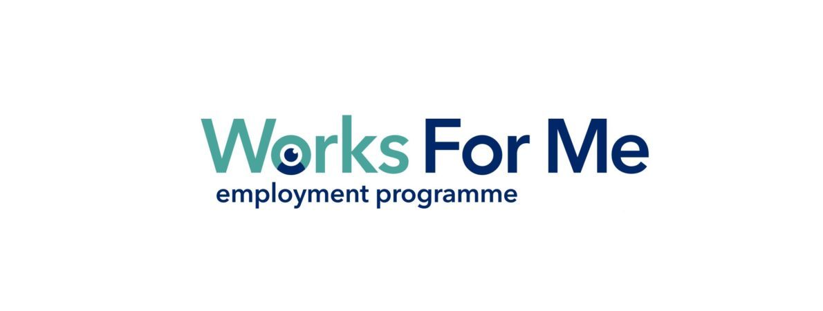 Works For Me employment programme logo. Works written in green, the rest in dark blue. A little graphic of a person and an eye looking up in the O of Works