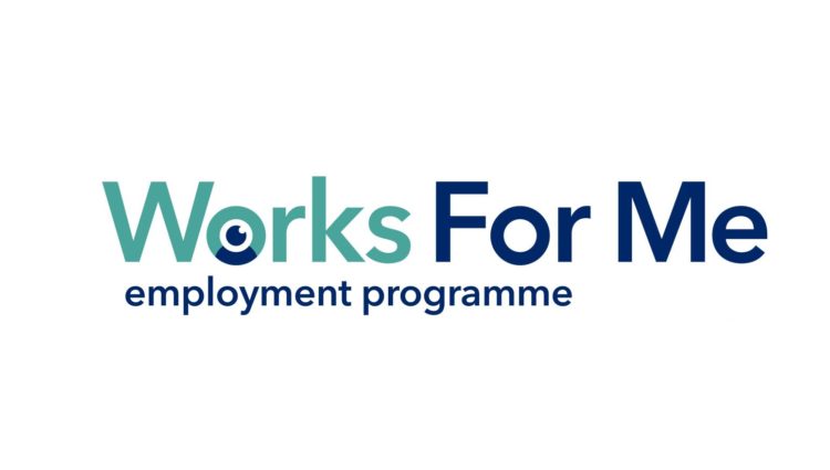 Works For Me employment programme logo. Works written in green, the rest in dark blue. A little graphic of a person and an eye looking up in the O of Works