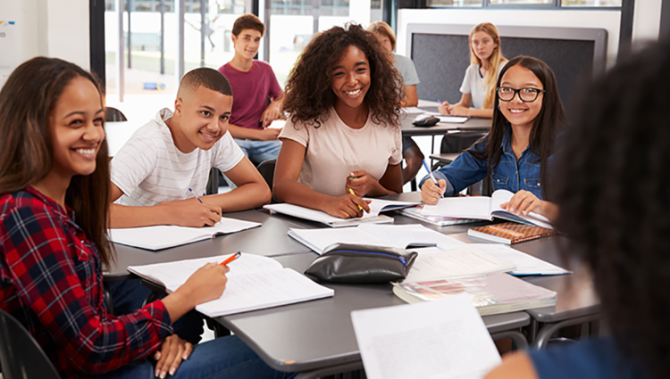 Group of diverse students in the classroom. They are facing the teacher. The teacher has their back to the camera.