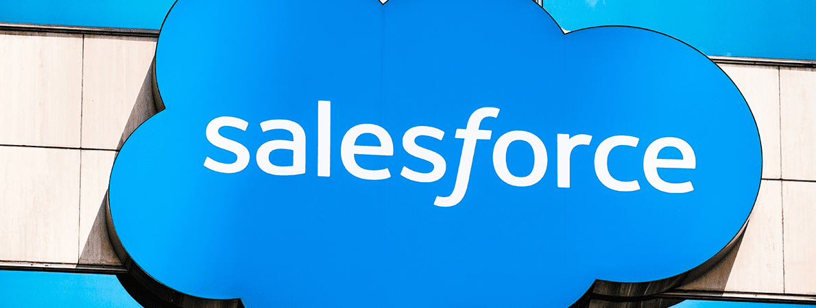 Salesforce sign on a glass building
