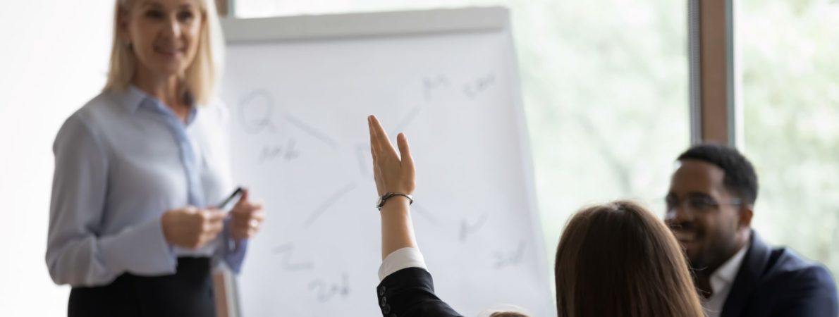 Training session. One person at flipchart. A woman has hand up