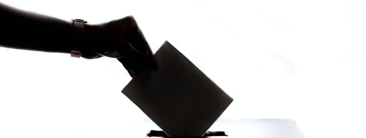 Image of a hand placing a vote into a ballot box.