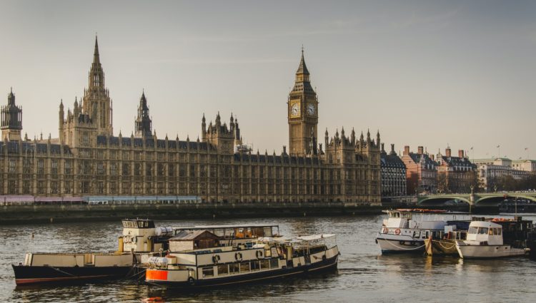 The Westminster and river Thames with boats