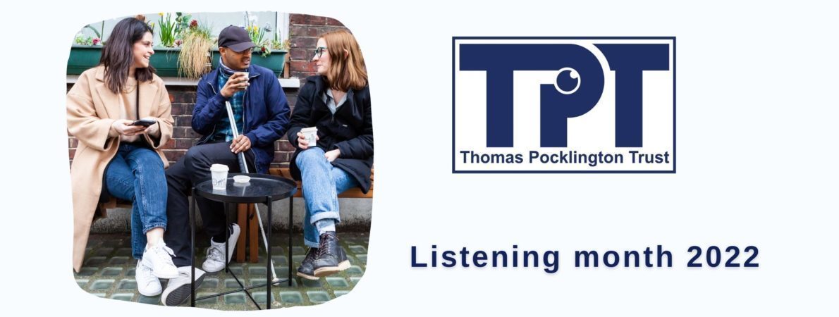 A group of people talking on a bench next to the TPT logo, below which are the words 'Listening Month'