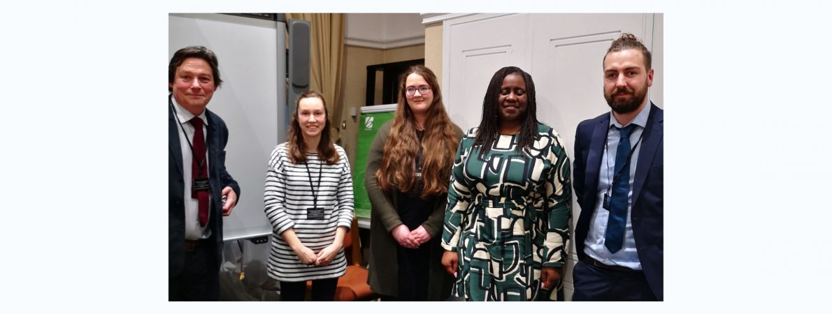 A picture showing (from left to right): Jeff Page, Roisin Jacklin (RNIB), Margaret Hart, MP Marsha De Cordova and Josh Feehan, looking at the camera and smiling