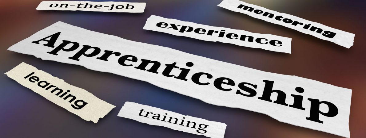A picture that shows notes with different words. These words are: Apprenticeship, experience, working, training, practicing, learning, on-the job, mentoring