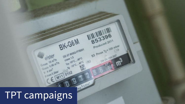 Close up of a gas meter with the words "TPT campaigns" in the corner in text