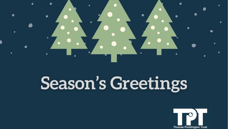 Three graphics of Christmas trees with white bubbles on a dark blue background. Around them there is snow falling. On the bottom there is text that says: Season’s Greetings and TPT logo is on the bottom right.