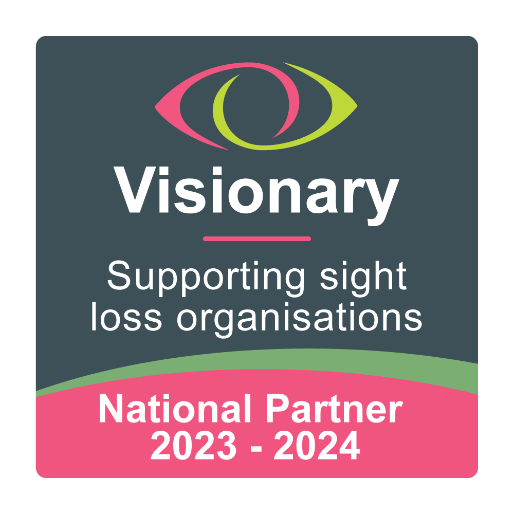 Image shows Visionary's national partner logo 2023 - 2024. It says 'Visionary Supporting sight loss organisations National Partner 2023 - 2024 with visionary's  logo at the top which the right hand side in green interlocks with the pink, left hand side forming the outline of an eye.