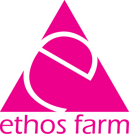 Ethos Farm logo. Image shows a pink triangle with the letter 'e' inside of it in white. Below the triangle are the words 'Ethos farm' written in pink.