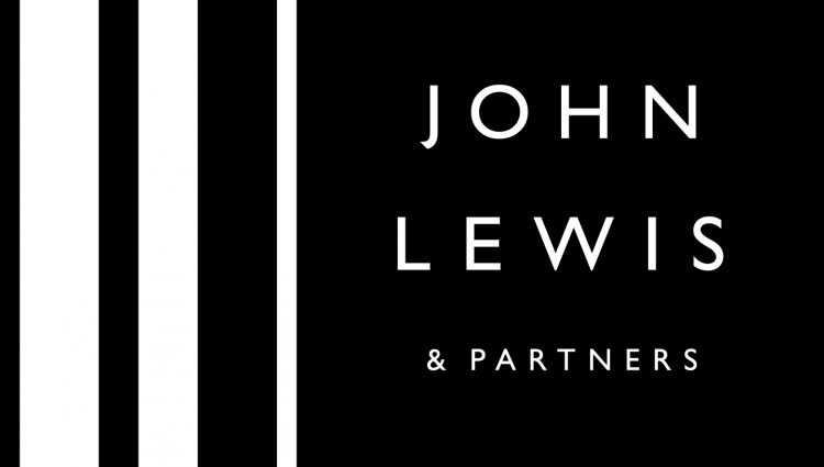 Image shows John Lewis logo which reads 'John Lewis and partners'. Text is white with 3 white stripes on the left on a black background.