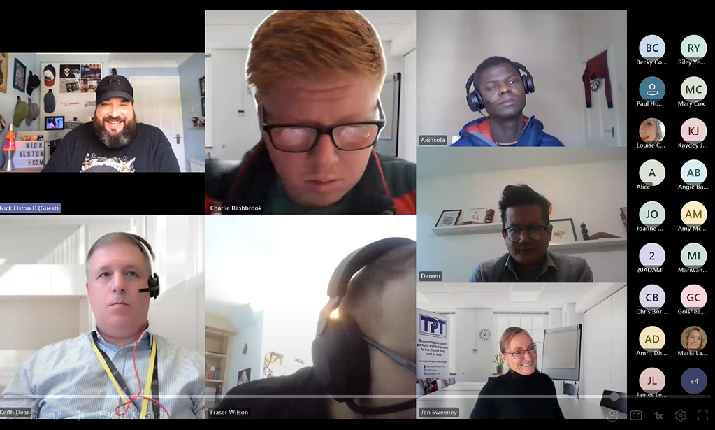 Image shows a computer screenshot of a conference session. Nick Elston's face appears top left and 6 other faces of participants are also visible. The right hand side shows multiple participants of the session with their initials. 