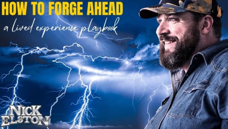 Image shows a side profile of Nick Elston's bearded face smiling and wearing a baseball cap. Words appear in the top left in large, bold letters which read 'How to forge ahead a lived experience playbook'. The background depicts a storm with dark clouds and lightning bolts.