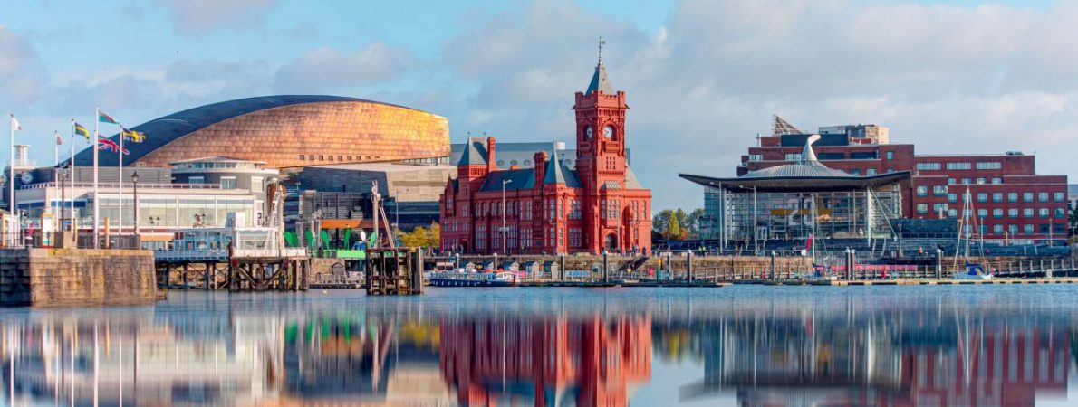 Panoramic view of Cardiff Bay in Cardiff, Wales