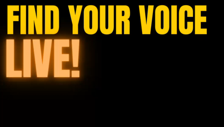 Bold yellow text on white background reads Find your Voice Love! A photo of Nick Elston to the right of the text holding a mic at a podium, wearing a bright yellow shirt and a baseball cap.