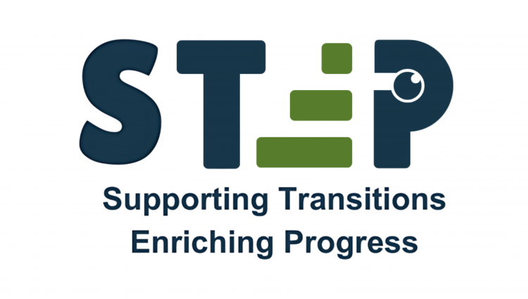 The word ‘Step’ In thick bold, capital lettering. The S and T are in TPT’s navy blue brand colours. The E is in the education team’s green, branded colour and is made up of three thick green blocks, each getting short in length to mimic steps. The ‘P’ is lifted from the TPT logo, which has an iris in the negative space in the loop of the P.