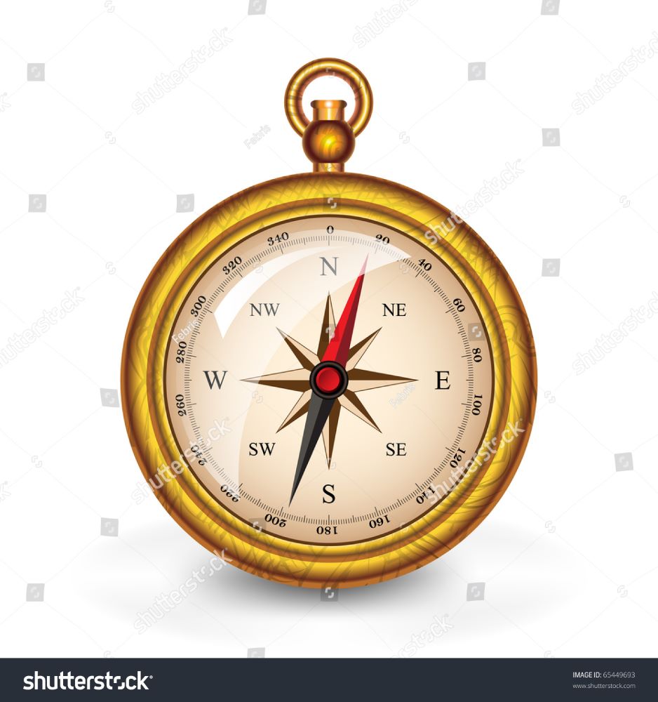 A gold compass with a white face with black and red directional points, with each direction clearly labelled.