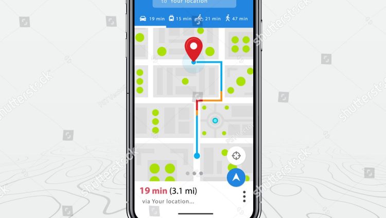 A phone screen displaying a map with a red location pin and a blue route leading towards it.