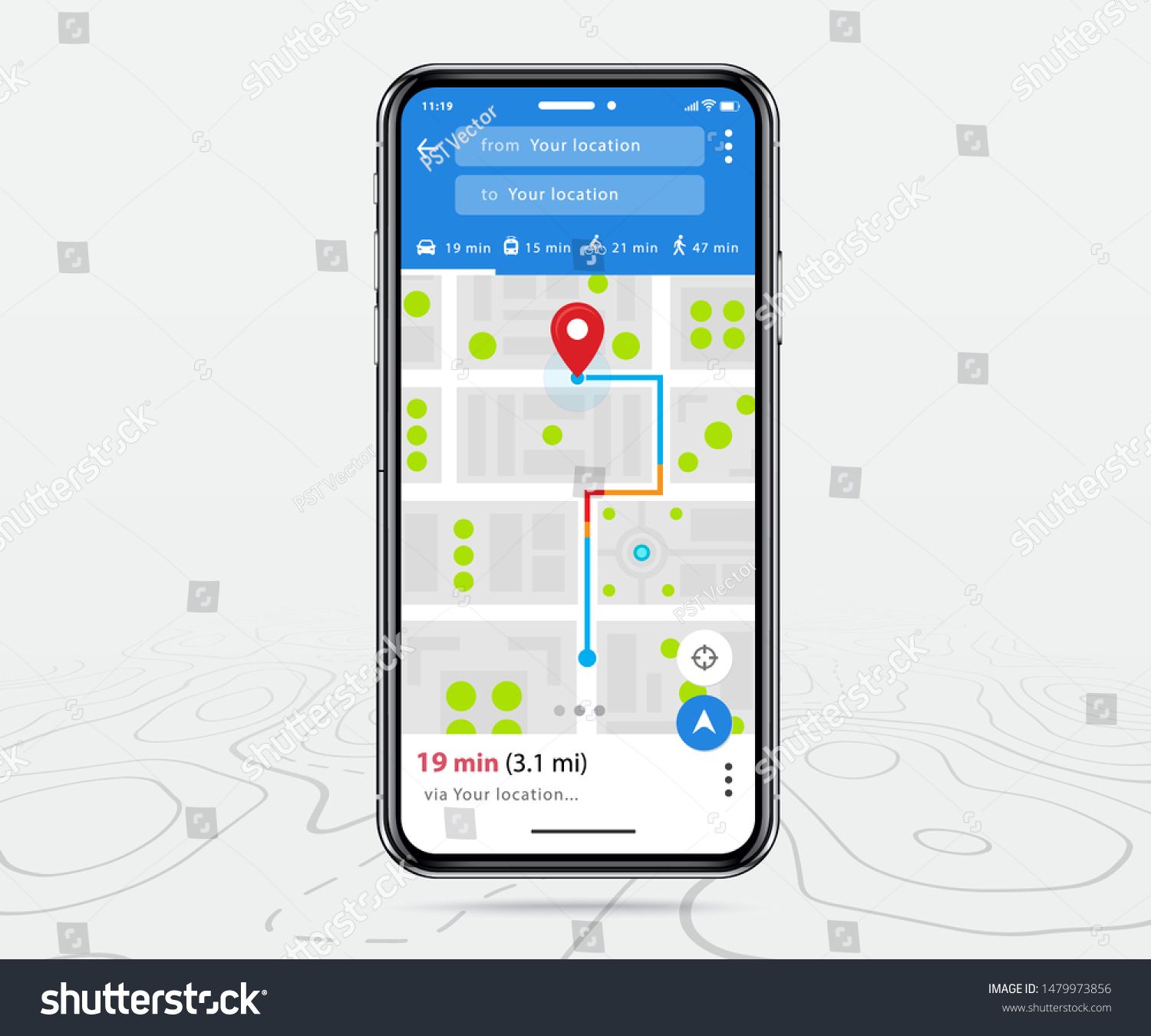 A phone screen displaying a map with a red location pin and a blue route leading towards it.