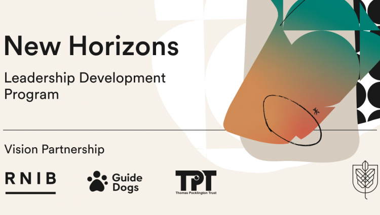 New Horizons Leadership Development Program. Vision Partnership. The background features abstract shapes in beige, orange, green, and black. Logos sit along the bottom for RNIB, Guide Dogs, Thomas Pocklington Trust, and Hult Ashridge Executive Education.
