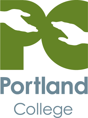 A logo from Portland Collage, with two large green circular shapes that form the letters "PC". Inside each shape is a white hand silhouette, one facing left and the other facing right, as if they are reaching towards each other.