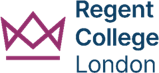 A logo with a purple crown graphic on the left, with the words "Regent College London" in dark blue text on the right.
