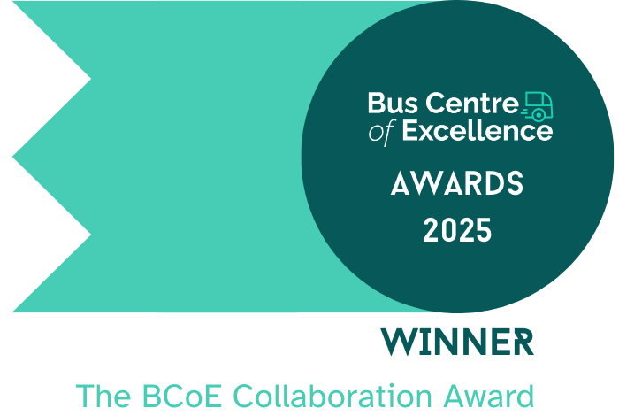 Bus Centre of Excellence awards 2025 winners logo. A dark green circle with the words 'Bus Centre of Excellence AWARDS 2025' inside the circle. From the left extends a neon green ribbon. At the bottom of the logo are the words 'WINNER' and 'The BCoE Collaboration Award.