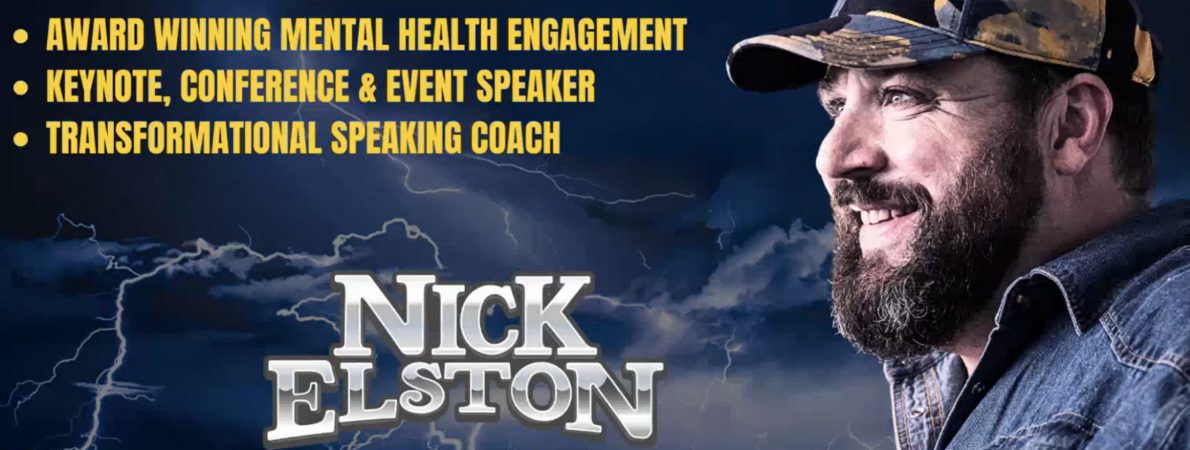 Image shows a screenshot of the Teams meeting from the Skillshare session. The main screen shows a title slide with Nick Elston facing off to the right with his name in white lettering. Above, the text reads 'Award winning mental health engagement, key note conference and event speaker, transformational speaking coach'. stormy clouds with lightning coming out can be seen in the background.