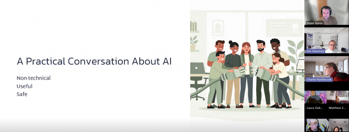 A screenshot of the session. The title slide reads 'A practical conversation about AI' and participants can be seen on the side of the Teams call.