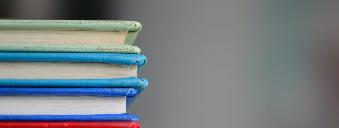 A stack of multicoloured books with a grey background