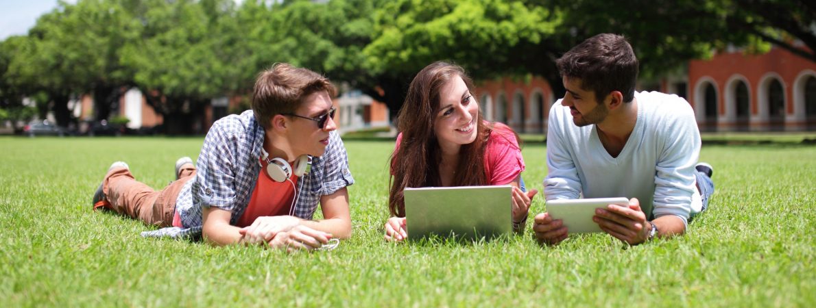 Three young people studying in the sun at the park, smiling