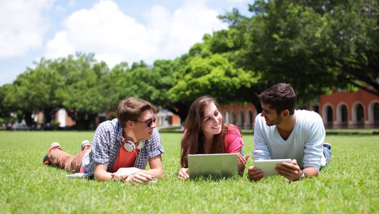 Three young people studying in the sun at the park, smiling | links to article: Support for International University Students