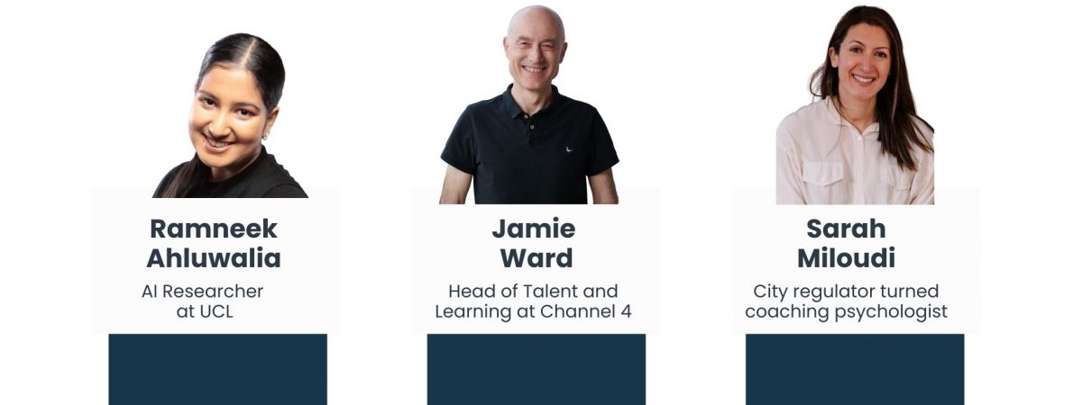 Welcome Trustees. Head shots of three new trustees. A close up of Ramneek Ahluwalia, AI Researcher at UCL, Jamie Ward, Head of Talent and Learning at Channel 4 and Sarah Miloudi, City regulator turned coaching psychologist.