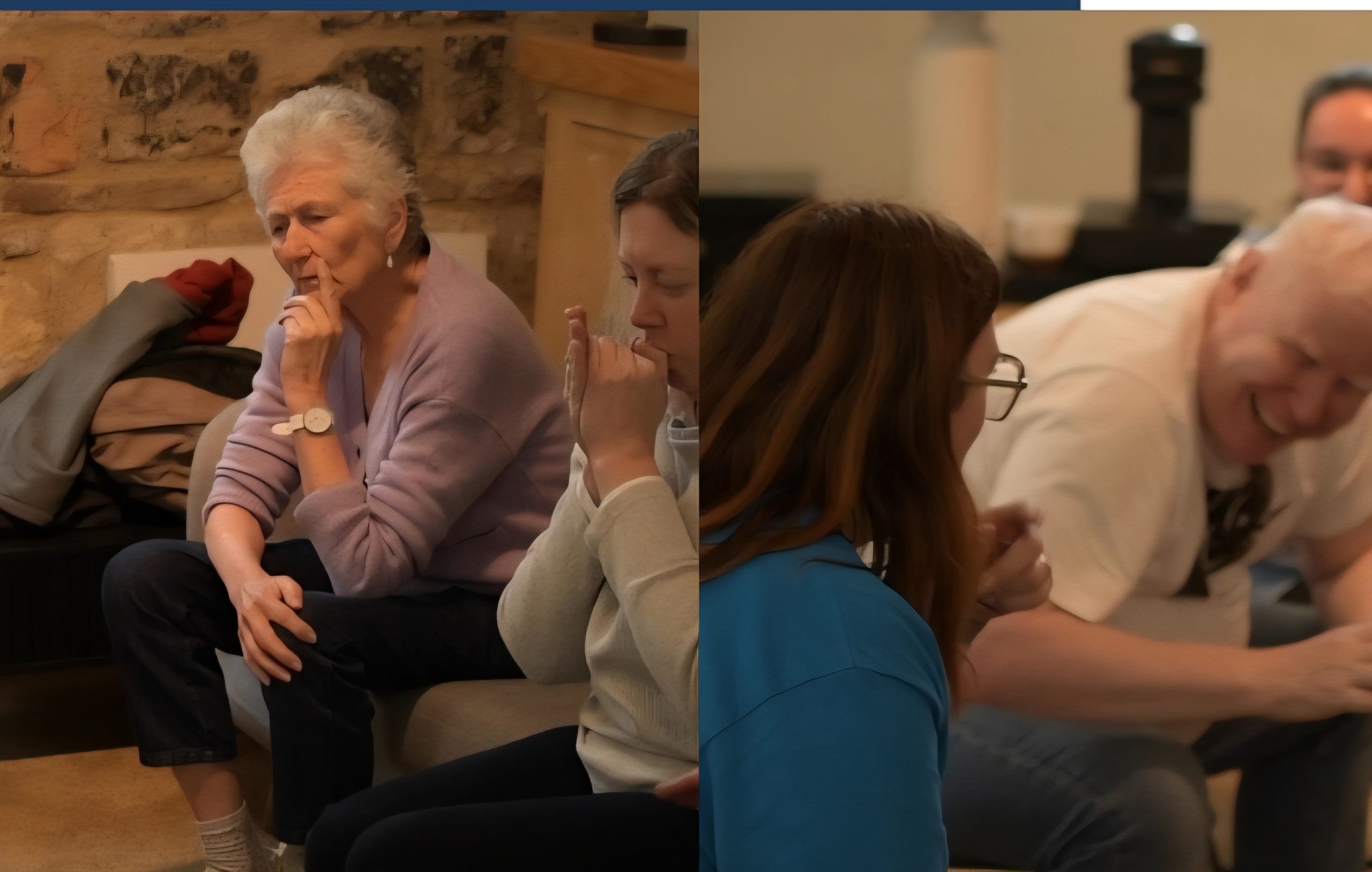 The image is split into two halves. On the left, Verity from North Yorkshire SLC sitting next to a VI person attending the Sweet Legacies workshop. To the right, Senior Engagement Manager Iain Mitchell, sits alongside another attendee, and leans forward, laughing.