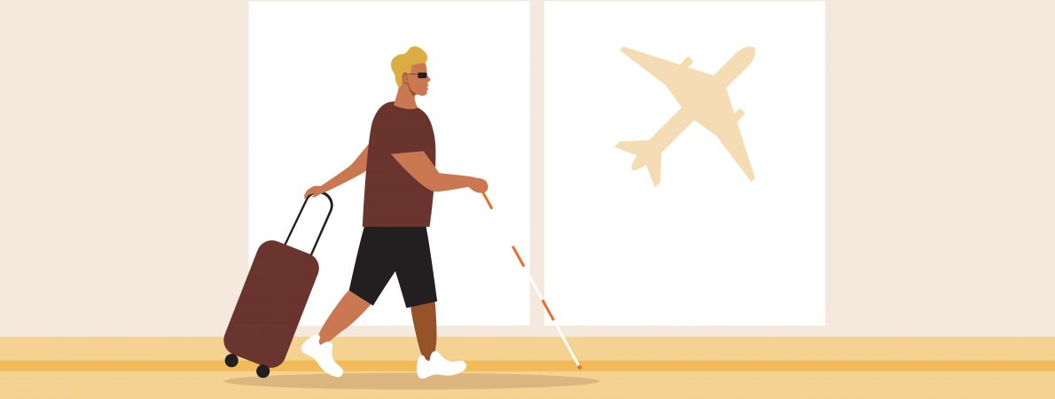 Illustration of a person with a long cane walking at an airport, pulling their roller suitcase behind them.