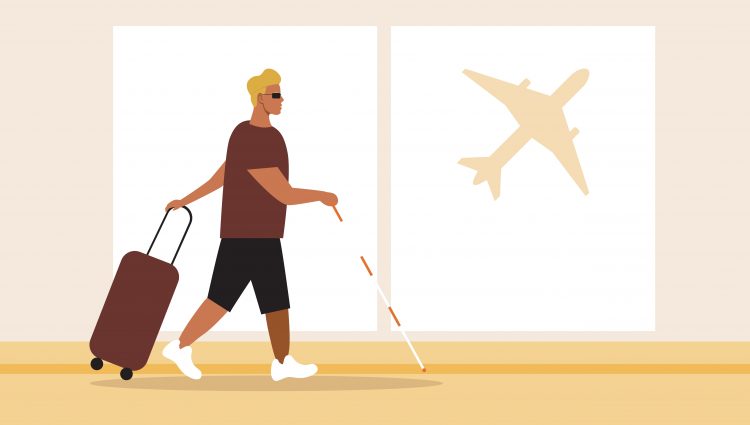 Illustration of a person with a long cane walking at an airport, pulling their roller suitcase behind them.