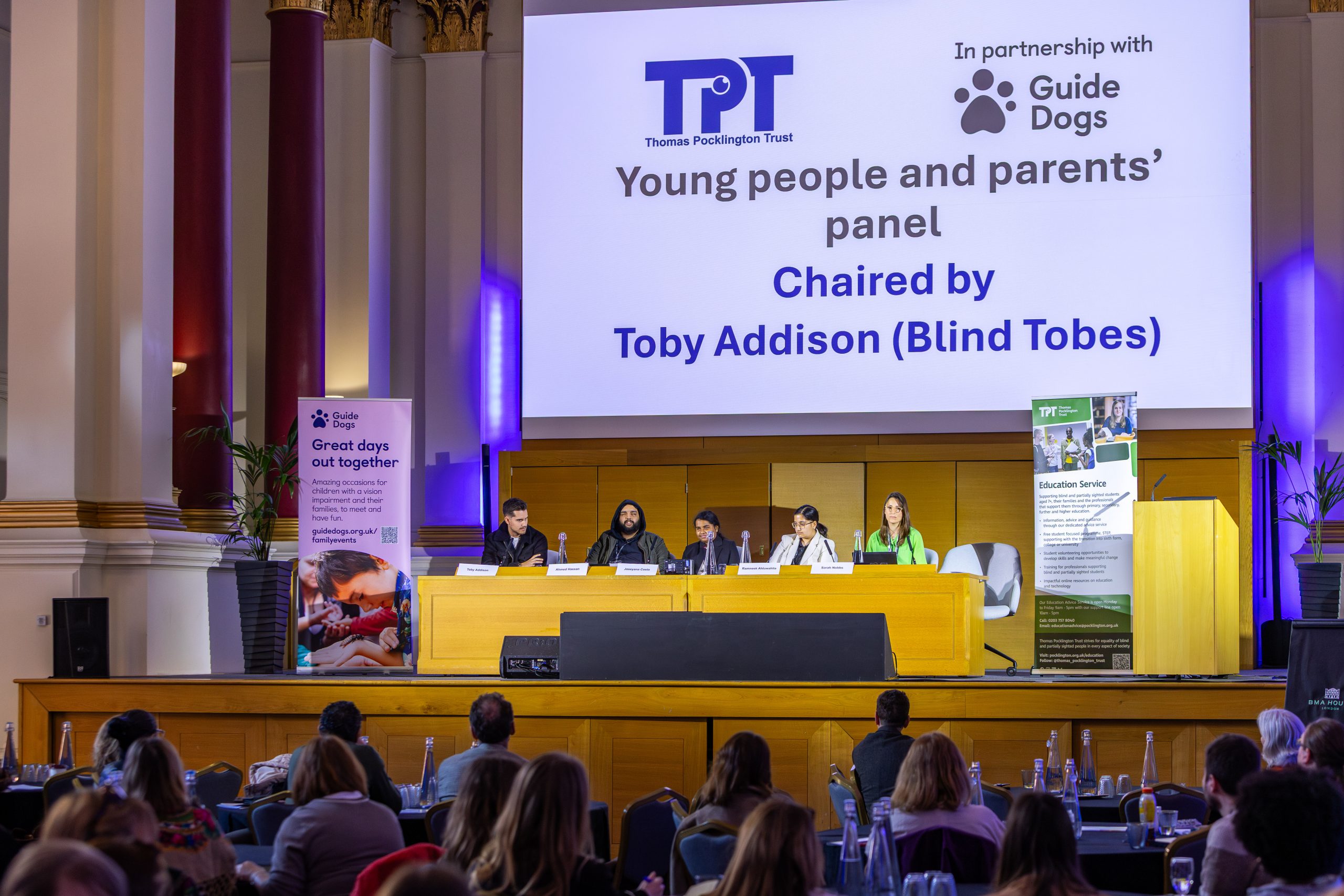 Young People and Parents' Panel, chaired by Toby Addison (Blind Tobes), with students Ahmed Hassan, Joseyana Costa and Ramneek Ahluwalia alongside parent representative Lucy Merritt, speaking on behalf of Sarah Nobbs, at the Thomas Pocklington Trust Education Transitions Conference.