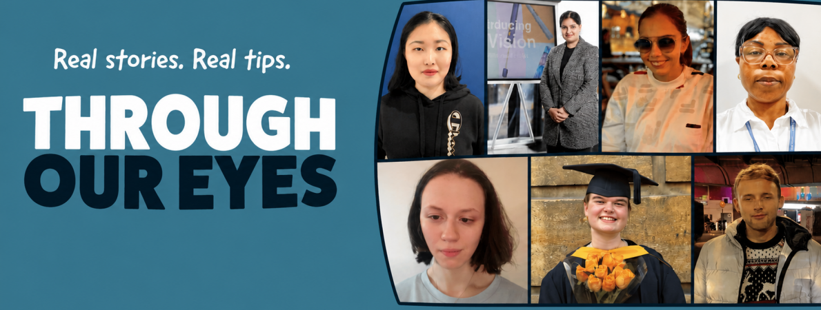 Through Our Eyes podcast banner featuring the words “Real stories. Real tips. Through Our Eyes” alongside photos of six Student Voices members.