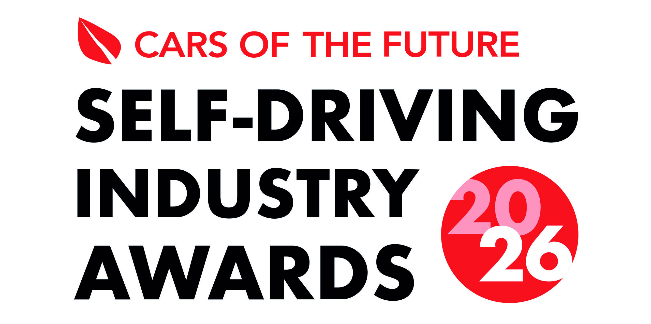 Self-driving industry awards logo. White background with "Cars of the future" in small text as the top beside a red leaf. "Self-Driving Industry Awards" is in large black text below with the year "2026" in a red circle to the right of this.